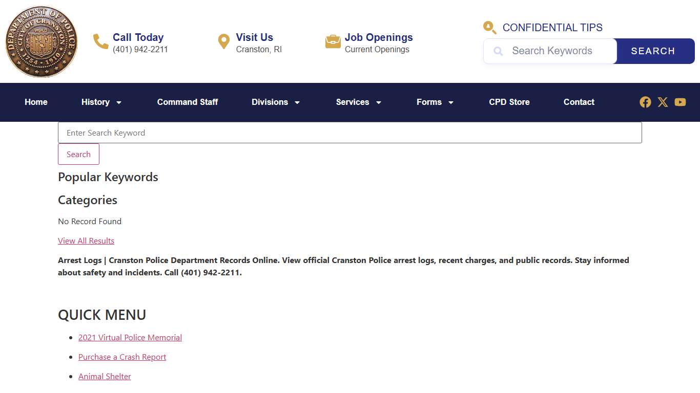 Arrest Logs | Cranston Police Department Records Online